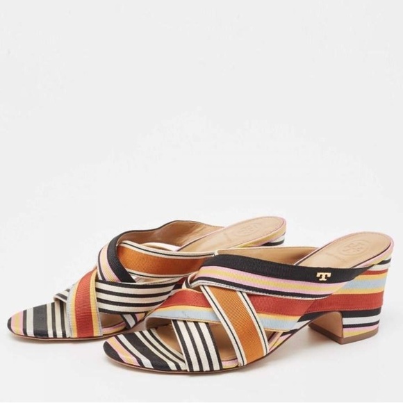 Tory Burch Multicolor Striped Grosgrain Graham 65mm Heel Mule Sandals EUC Sz 6 - Picture 2 of 12
